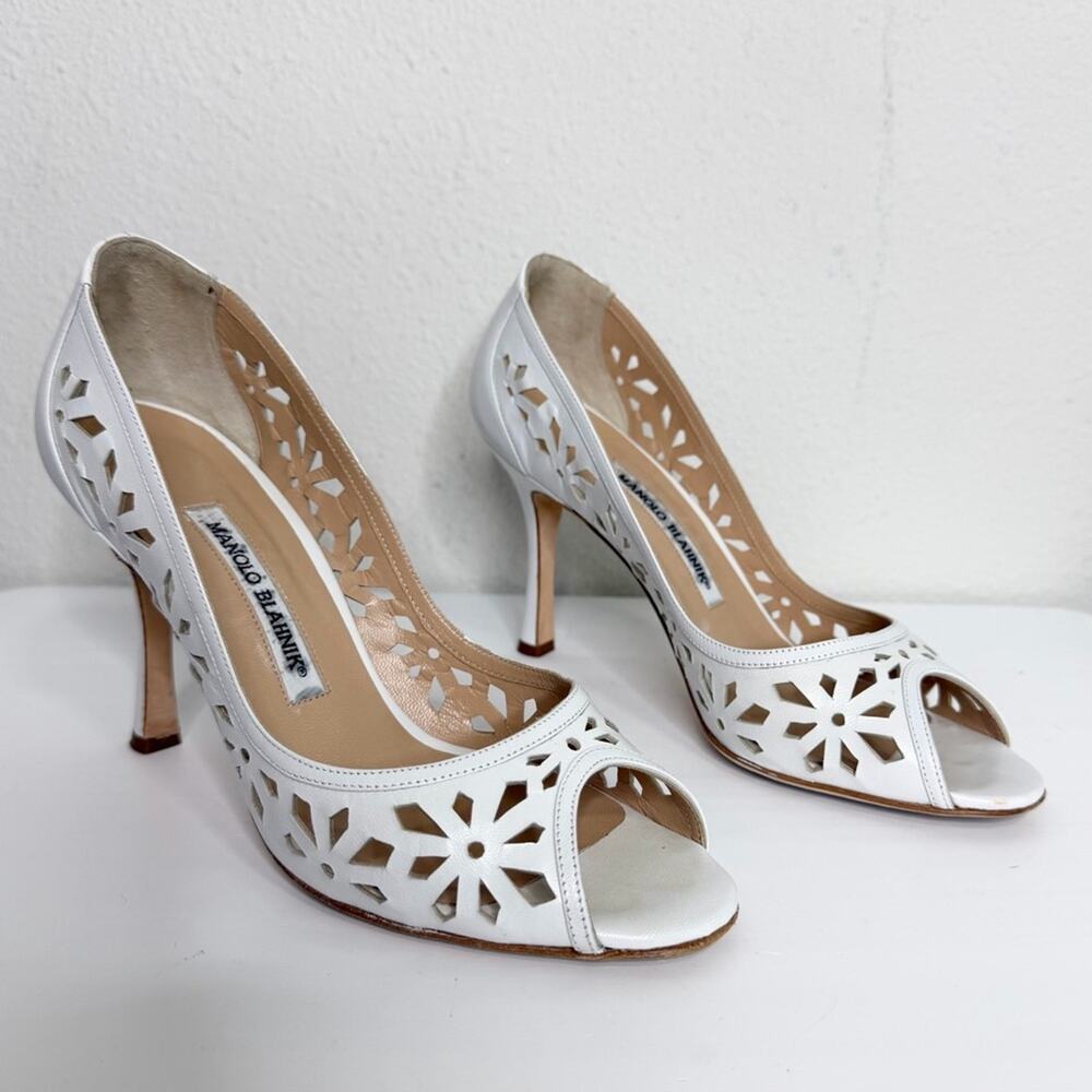 Manolo Blahnik White Laser Cut-Out Heels Size 38